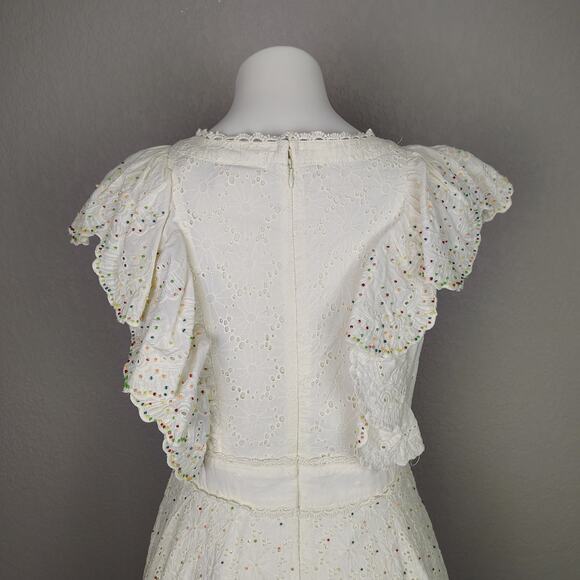 FARM Rio Boho Ivory Eyelet Lace Patch Beaded Tiered Mini Dress Size Medium - Picture 14 of 15